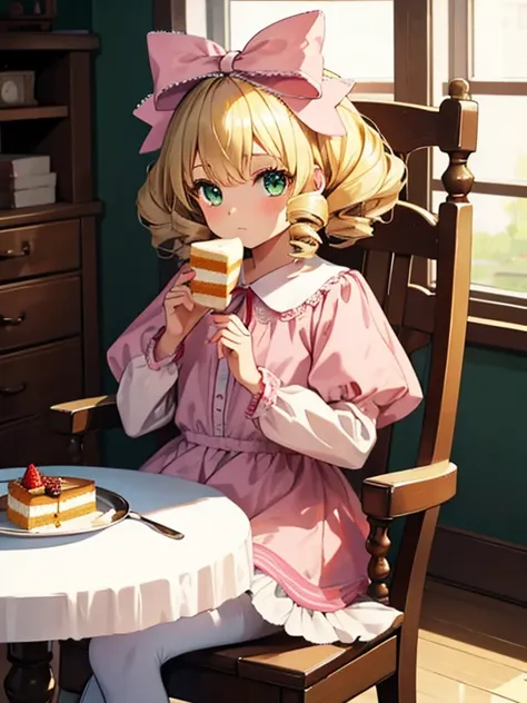 masterpiece, highest quality, Very detailed, 16k, Ultra-high resolution, Cowboy Shot, One 9-year-old girl, Detailed face, Perfect Fingers, Blonde, hair bow, ribbon, drill hair, green eyes, short hair, pink dress,white bloomers, white pantyhose, hinaichigo,...