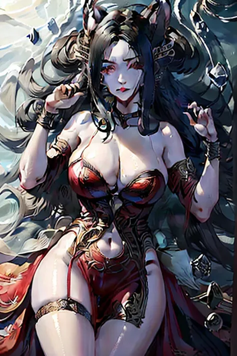 Ali, 1 Girl, absurd, Ali_(alliance_of_legends), animal_ear, 黑色of_hair, breast(((大breast、Low-cut，Cleavage, Wide hips,)))((长leg)),Hourglass figure, 分离of_sleeve, distributed, 臉部of_mark, fox_ear, fox_Tail, hand_up, High resolution, 大of_breast, alliance_of_lege...