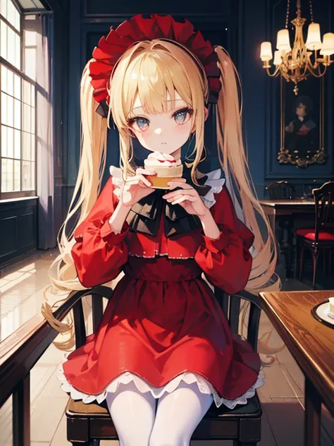 masterpiece, highest quality, Very detailed, 16k, Ultra-high resolution, Cowboy Shot, One 8-year-old girl, Detailed face, Perfect Fingers, Golden Eyes, Blonde,  Original Costume, Twin tails, bonnet、Red dress、White pantyhose cup、Black shoes, Western-style b...