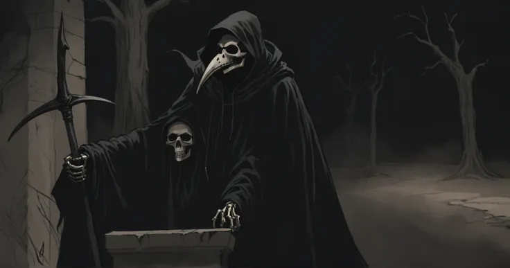 grim reaper, scythe, darkness, black, blackout, black tones, black hues, black color scale, emerging from darkness, grim reaper ...