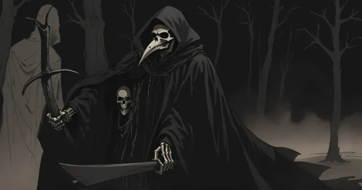 grim reaper, scythe, darkness, black, blackout, black tones, black hues, black color scale, emerging from darkness, grim reaper ...