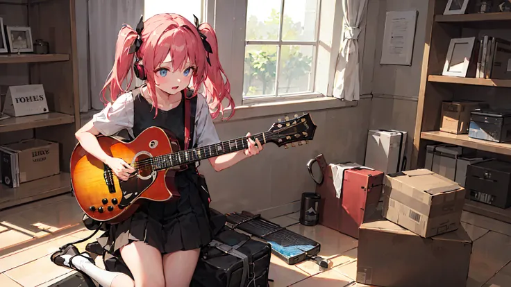 ((masterpiece,best quality)),1girl, solo, black skirt, blue eyes, electric guitar, guitar, headphones, holding, holding plectrum, instrument, long hair, , music, one side up, pink hair, playing guiter, pleated skirt, black shirt, indoors  
