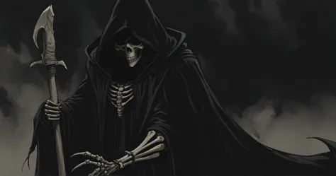 grim reaper, scythe, darkness, black, blackout, black tones, black hues, black color scale, emerging from darkness, grim reaper ...