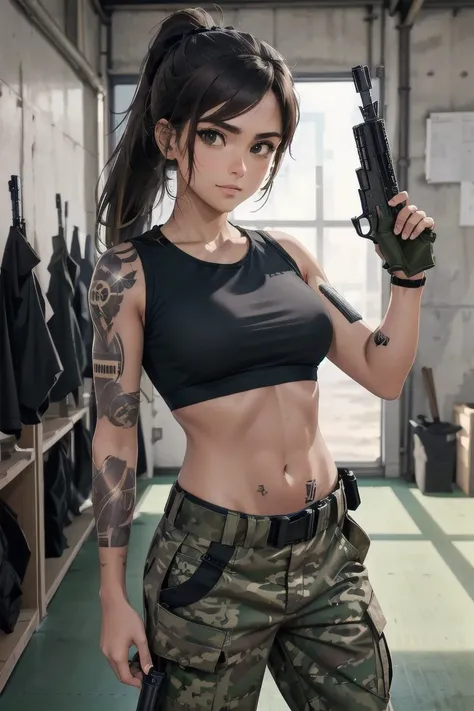 military girl, brown ponytail, black tshirt, baggy military camo pants, slim waist, best quality, indoor shooting range, practice, holding m4a1, sweating, after training, looking at viewer,tacticool, dwarfoil, Tattoos
