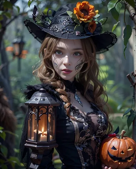 highest quality, masterpiece, Attention to detail, Intricate details, Realistic, Mysterious Halloween woman with bright expression, Spooky atmosphere、Photographic images、Crown makeup