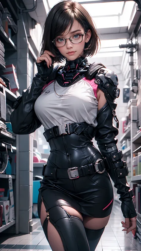 (masterpiece, highest quality), One girl, Black Hair, Glasses, cyber punk, alone, Waist high, Sexy Appearance