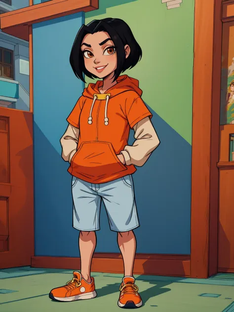 jadechan, short black hair, brown eyes, hands in pockets, upper body, smiling, jaoran, orange short sleeved hoodie, white long s...