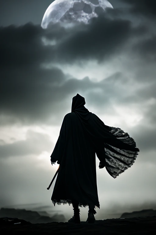 A chilling masterpiece, captured in impeccable 16k resolution, this image offers an ultra-detailed depiction of a white-boned grim reaper. Clad in a damaged black robe, the figure walks with tattered black wings spread, casting an ominous silhouette agains...