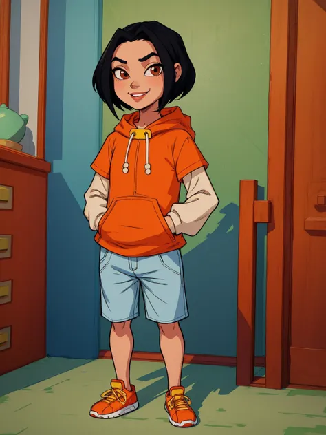 jadechan, short black hair, brown eyes, hands in pockets, upper body, smiling, jaoran, orange short sleeved hoodie, white long s...