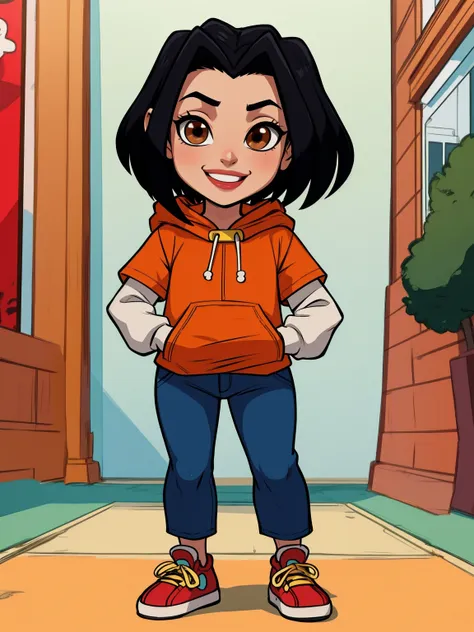 jadechan, short black hair, brown eyes, hands in pockets, upper body, smiling, jaoran, orange short sleeved hoodie, white long s...