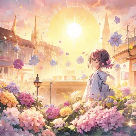 anime smiling pink haired purple eyed girl with glasses looking at the sun in a city with flowers, official artwork, beautiful a...