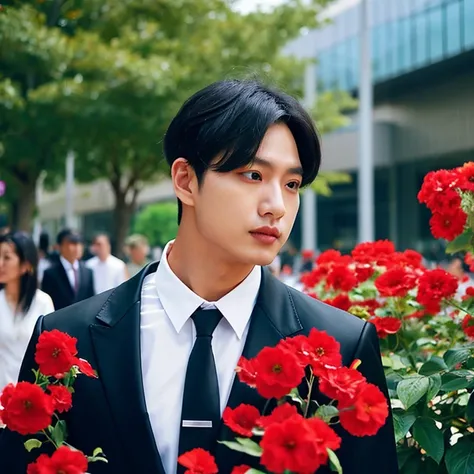 man 1 คน, 35 years man, (man:1.5),  (very short hair,),, Wear a black leather suit Wear the most fashionable black leather suit and red tie outdoors., Detailed background, Modern cities, There are red flowers around. , 8k Photos, Shot with the most advance...