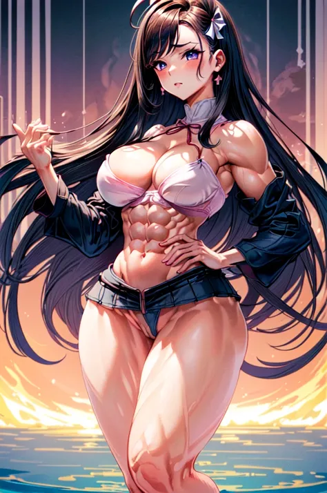 Beautiful Nezuko with (very wide hips:1.5) (small waist:1.4) (large breasts:2.4), (nude:1.1), (thick thighs:1.1), hot springs background, full body on display, pink ribbon in hair, (six pack abs:1.2)