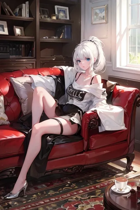 1girl,solo,cute,white hair and medium hair,blue eyes,she plays video game,hold a controller,sitting a sofa,brown sofa,in house,living room,outside rainy,window