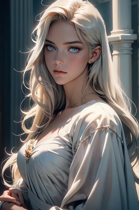 Tall, handsome, athletic build, statuesque, courageous young man-the king, platinum blonde with blue eyes, long straight platinum hair, dressed in royal attire, carries in his arms an incredibly beautiful young femme fatale sleeping with long golden hair, ...