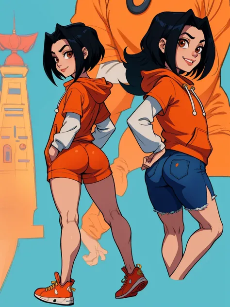 jadechan, short black hair, brown eyes, hands in pockets, upper body, smiling, JaOran, orange short sleeved hoodie, white long sleeves, hood down, sneakers , tight blue pants, cartoon Hong Kong, morning, full body, little_child, small_body, flat torso, bac...