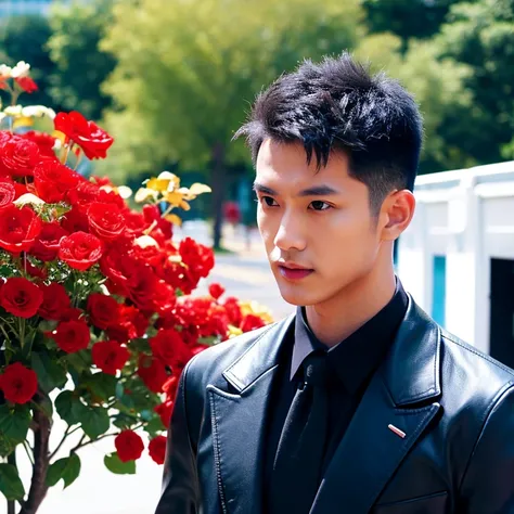 man 1 คน, 35 years man, (man:1.5),  (Short, cropped hair, mohawk hairstyle,),, Wear a black leather suit Wear the most fashionable black leather suit and red tie outdoors., Detailed background, Modern cities, There are red flowers around. , 8k Photos, Shot...