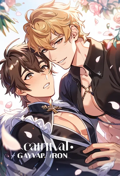 absurdres, highres, ultra detailed, HDR, master piece, best quality, perfect face, Quincy, blonde messy hair, expressive amber eyes, Nu Carnival, Eiden, brown hair, expressive brown eyes, two sexy men together, gay couple, yaoi, handsome, toned chest, whit...