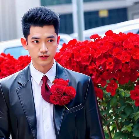 man 1 คน, 35 years man, (man:1.5),  (Short, cropped hair, mohawk hairstyle,),, Wear a black leather suit Wear the most fashionable black leather suit and red tie outdoors., Detailed background, Modern cities, with red flowers , 8k Photos, Shot with the mos...