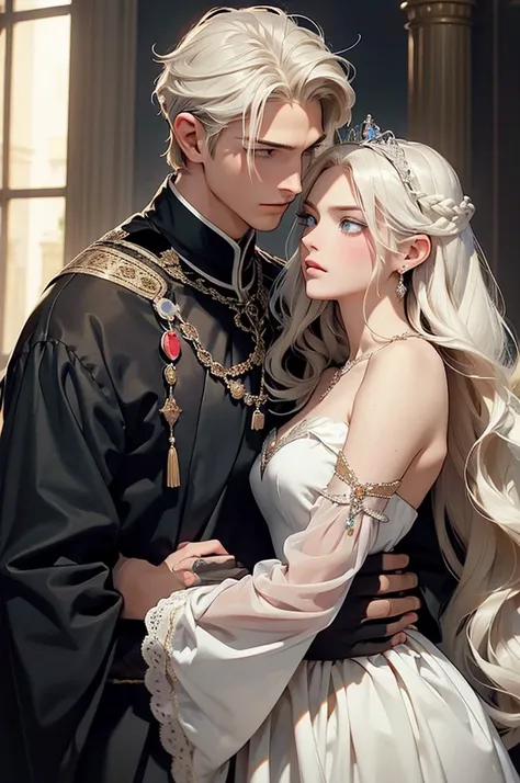 The picture shows a couple: a man and a woman. 1 man (Tall, handsome, athletic build, statuesque, courageous young male king, platinum blonde with blue eyes, long straight platinum hair, dressed in royal attire), carries in his arms a sleeping 1 woman (an ...