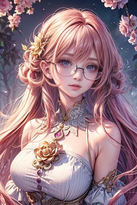 (highest quality,8k,CG),Upper body details,Lonely Girl,Floral forest background,Complex facial features,Elegant long pink curly hair,Large, almond-shaped purple eyes,Detailed eye makeup,Long eyelashes,Glasses、Twinkling Star,Exquisite lip detail,Soft and ha...