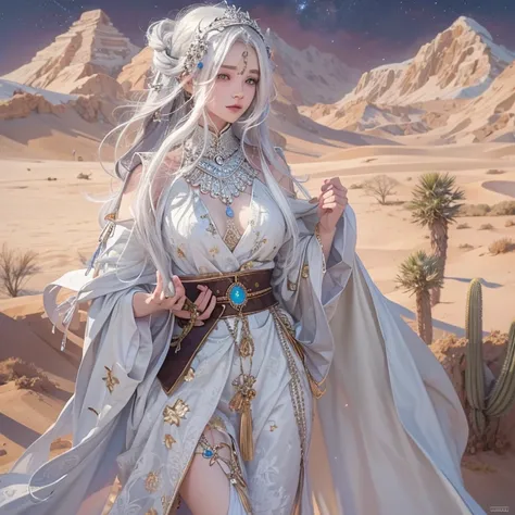 (highest quality、masterpiece、8k、Best image quality、Ultra-high resolution、Award-winning works)、A beautiful white-haired woman watches over us from afar in the desert.., Where the moonlight shines.、Ancient Islamic clothing、Beautiful face drawn in every detai...