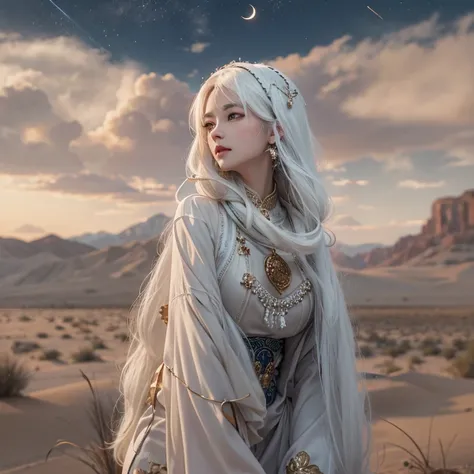 (highest quality、masterpiece、8k、Best image quality、Ultra-high resolution、Award-winning works)、A beautiful white-haired woman watches over us from afar in the desert.., Where the moonlight shines.、Ancient Islamic clothing、Beautiful face drawn in every detai...