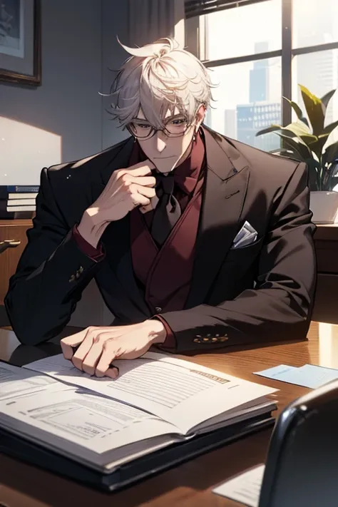 tartaglia sitting on his desk in his office, ceo, muscle, hot, snowy weather, wearing a formal suit, cool weather