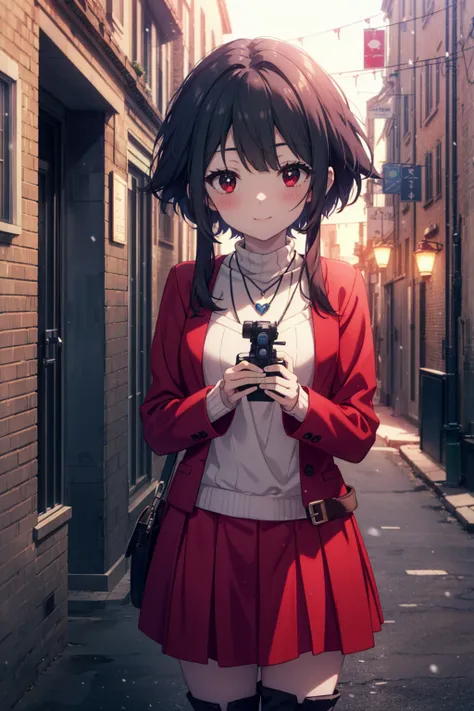 konosubaHuihui, Huihui, short hair, Black Hair, (Red Eyes:1.3), short hair with long locks,Smile,blush,Long red coat　There is an open front,Heart necklace,White sweater,Black silencer,long skirt,Ankle boots,winter,Cold sky,it&#39;Snowing,Snowflakes falling...