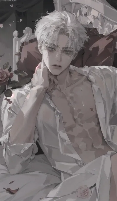 1Junge, portrait, Ohrringe, Allein,Lippen,  Male focus, Green eyes, Blick auf den Betrachter, graue Haare, kurzes Haar, geschlossenen Mund, anime boy lying on the bed with rose petals, wet body, bed, without any clothing except underwear, high quality fana...