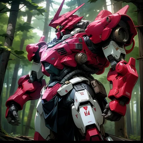 masterpiece, highest quality, very detailed, 16k, ultra-high resolution, mobile suit, zaku, forest, stand in the center