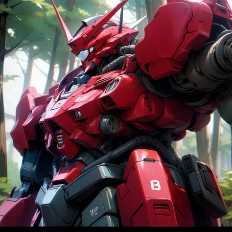 masterpiece, highest quality, very detailed, 16k, ultra-high resolution, mobile suit, zaku, forest, stand in the center