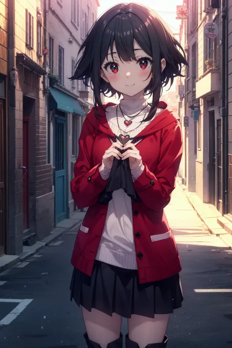 konosubaHuihui, Huihui, short hair, Black Hair, (Red Eyes:1.3), short hair with long locks,Smile,blush,Long red coat　There is an open front,Heart necklace,White sweater,Black silencer,long skirt,Ankle boots,winter,Cold sky,it&#39;Snowing,Snowflakes falling...