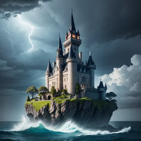 Island in ocean with dark fantasy old castle with thunderstorm falling on the castle 