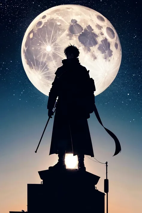 highest quality,Big moon and shadow,A silhouette of a person can be seen against the backdrop of a large moon.,There is one full moon,There is a mood,Beautiful scenery,Starry Sky