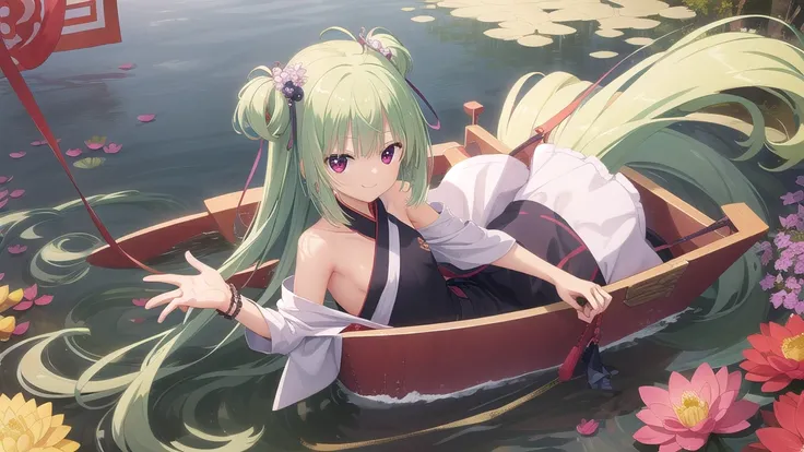 ((masterpiece)),(best quality),Official Art,Extremely detailed CG,Unity 8k Wallpaper,Super detailed,Beautiful and delicate eyes,Extremely detailed face,1 girl,solitary,,(whole body:1.5),(small:1.3),Smile,,Murasame,Very long hair,Green Hair,Face Up,Purple b...