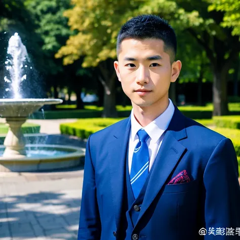 Young Asian man, 35 years old, with mohawk hairstyle., wearing a blue suit Wear a dark black suit and a red tie., Look straight at the camera intently,  , park, Detailed background, Modern cities, 16k photos, Shot with the highest quality, most modern Fuji...