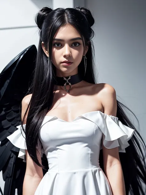 cowboy shot, (black wings:1.2), very long hair, side ponytail, choker, holding, off shoulder, (white dress:1.3), white jacket,halo,