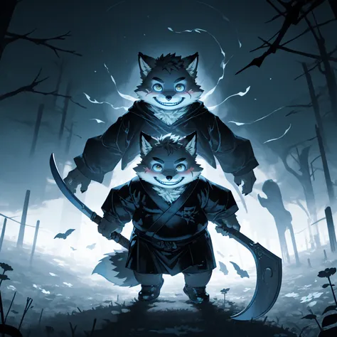 New Jersey 5 Furry，fox，（Solitary），child，Beautifully，Chubby，Orange plush fur，Cute face，Black eyebrows，（Black robe，Scythe of Death），（Eerie art style），（Creepy atmosphere），（White mist），（Floating in mid-air），Evil Smile