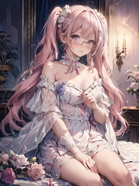 masterpiece, highest quality, High resolution, SA1, Floral off-shoulder dress, Sparkling purple eyes, False eyelashes, Pink hair twintails, Glasses、Cute atmosphere, Rose,