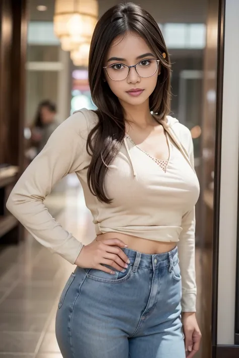 (iu:0.8).ample cleavage, puffed chest, big breast, round hips, perfect anatomy, (RAW, Best quality, high resolution, Masterpiece: 1.3, hyper-realistic), an adorable glasses Javanese girls wearing hoodie and tight t-shirt, skinny long denims pants, Masterpi...