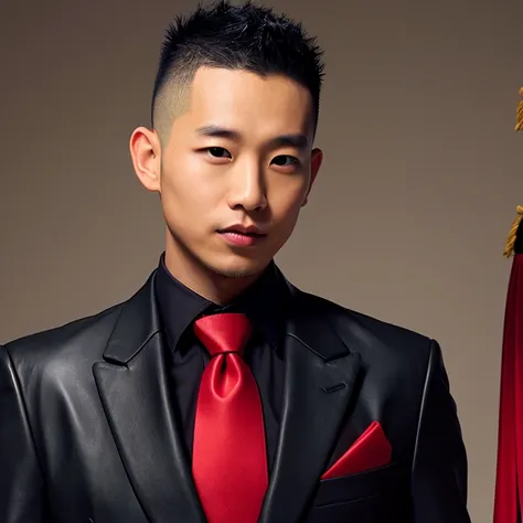 Young Asian man, 35 years old, Mohawk hair, Wear a dark black leather suit and a red tie. It&#39;s a modern outfit. It is a modern outfit that is as modern as modern., Look straight at the camera intently, Outdoors in the countryside, there is an old thatc...