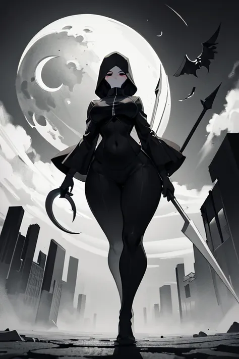 (monochrome grayscale: 1.2), a gigantic grim reaper, midnight battlefield, massive scythe (crescent moon: 1.2), pale, fully clot...