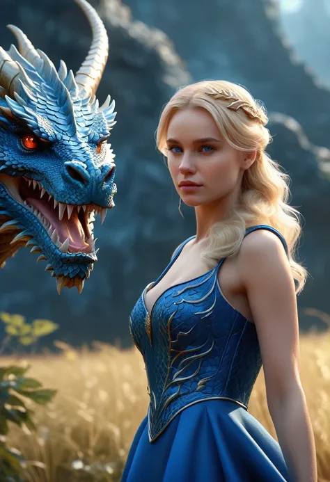 woman in a blue dress standing next to a dragon, 4 k detail fantasy,blonde hair, intricate realistic fantasy, realistic fantasy render, fantasy style 8 k octane render, hyperrealistic fantasy art, 4k fantasy art, queen of dragons, detailed fantasy art, unr...