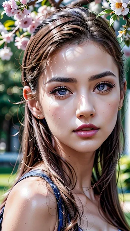 (1girl:1.35, 20-year-old), Realism, highest resolution, photorealistic, (highest quality realistic texture skin), ((highest quality realistic texture brown hair, ((slicked to the side)), incredibly intricate detail:1.35)), (outside,an orchard of blooming c...