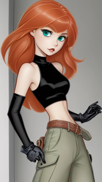 1girl, (cartoon:1.3), detailed eyes, looking at the viewer Orange-red hair, green eyes, confident expression, black crop top, black gloves, brown belt, green cargo pants, pale skin, thin eyebrows