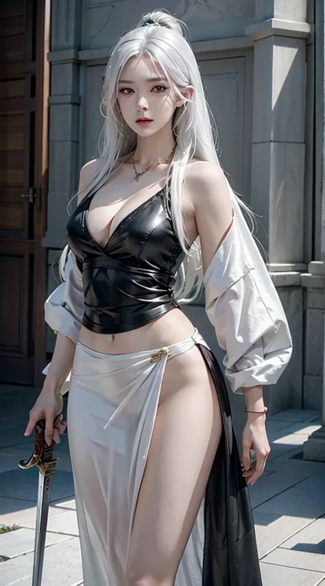 photorealistic, high resolution, 1women, solo, hips up, look at viewer, (detailed face), white hair, warrior, weapon, jewelry, tattoo