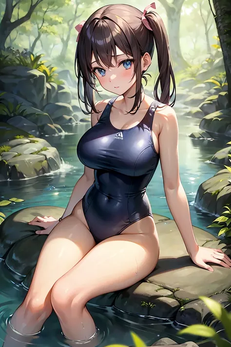 giganticbreast, A young girl with brown pigtails tied with pink ribbons, sky-blue eyes, wearing a one-piece swimsuit, sitting on a stone by a stream. She is dipping her feet in the water, surrounded by lush greenery. The scene is set in the afternoon with ...