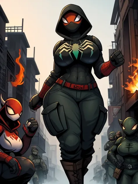 spidersona, spider-man, a woman venom with a huge ass, huge hips and breasts, a cultist wears orange and black cargo pants and b...