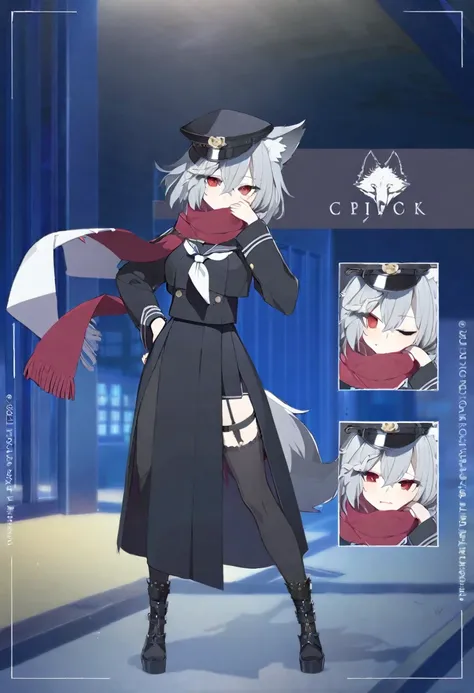 One Girl,whole body,Are standing,high school student,Concept Art,Grey Hair,blackセーラー服の上にロングコート,Wearing a coat,Black muffler,Hiding your mouth with a scarf,Red eyes,Wolf Ears,Wolf Tail,cool,dark,Beauty,Stylish black sailor suit,Rin々Funny face,18-year-old,St...